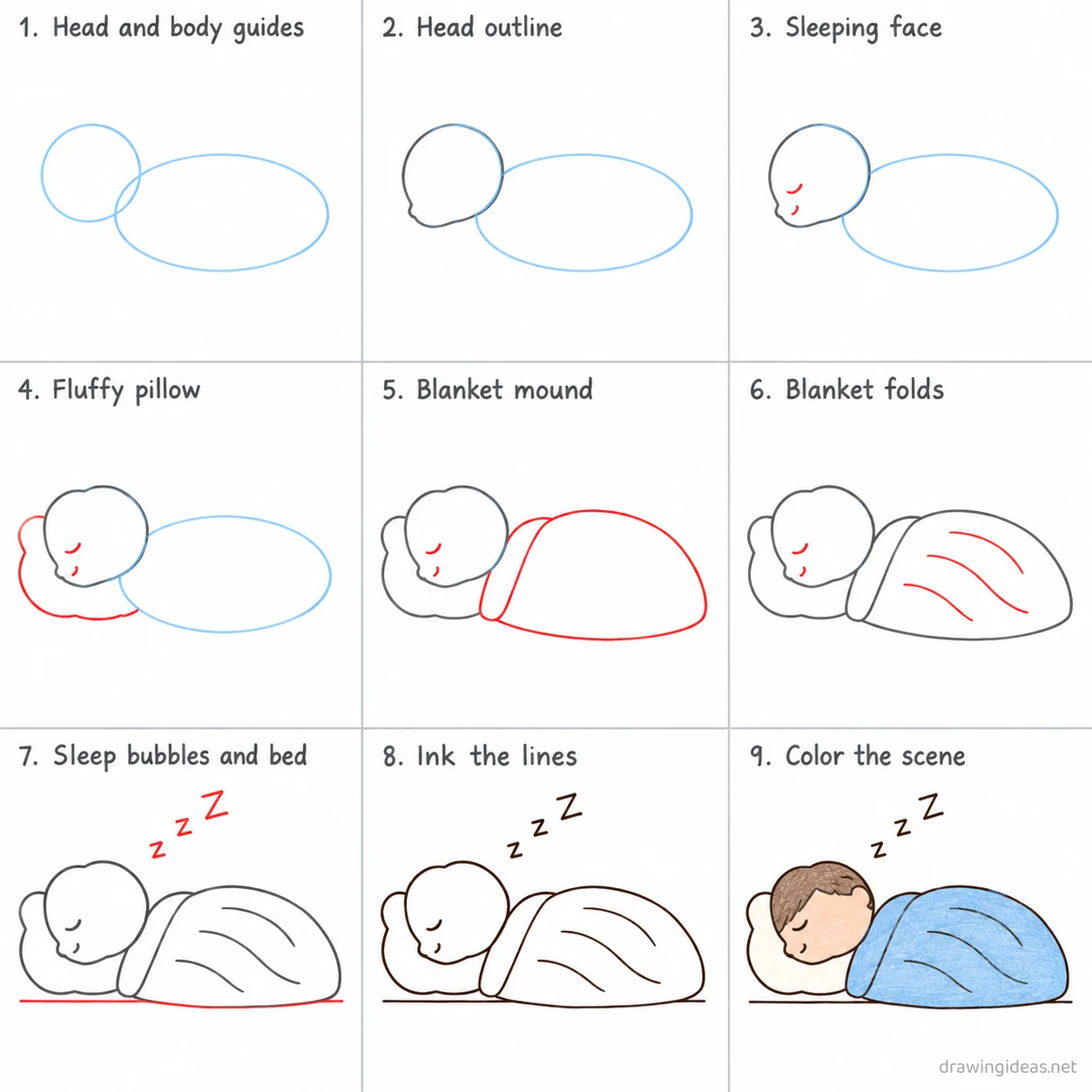 How to draw sleeping step by step — 9-step sleeping drawing tutorial sheet