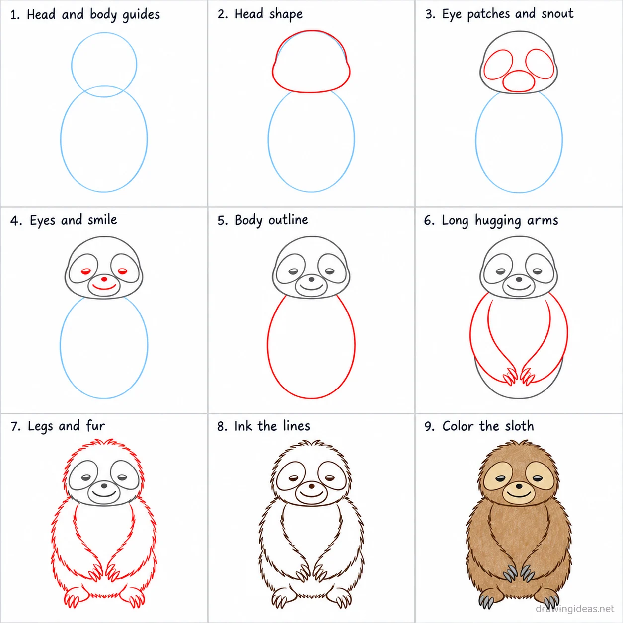 How to draw a sloth step by step — 9-step sloth drawing tutorial sheet