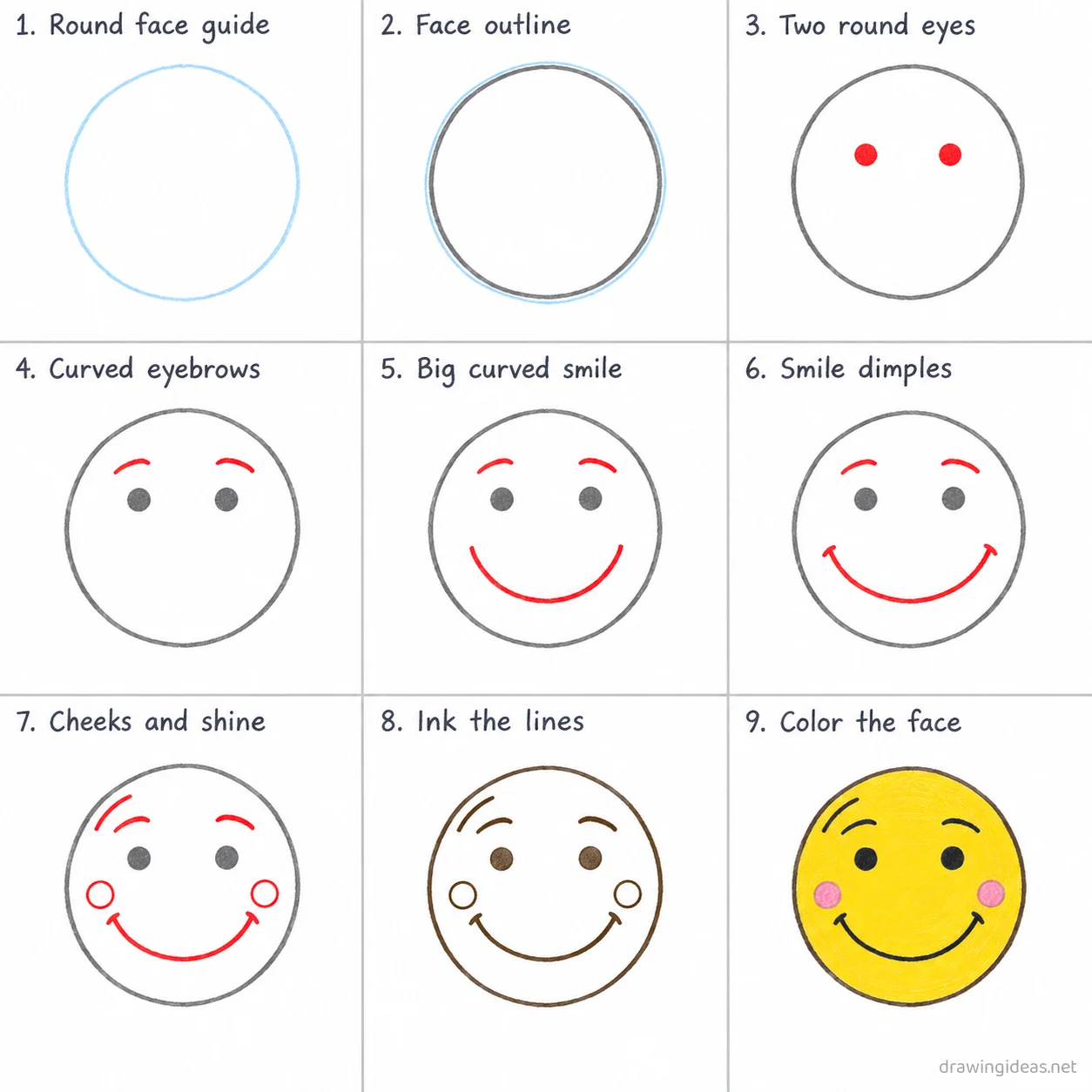 How to draw a smiley face step by step — 9-step smiley face drawing tutorial sheet