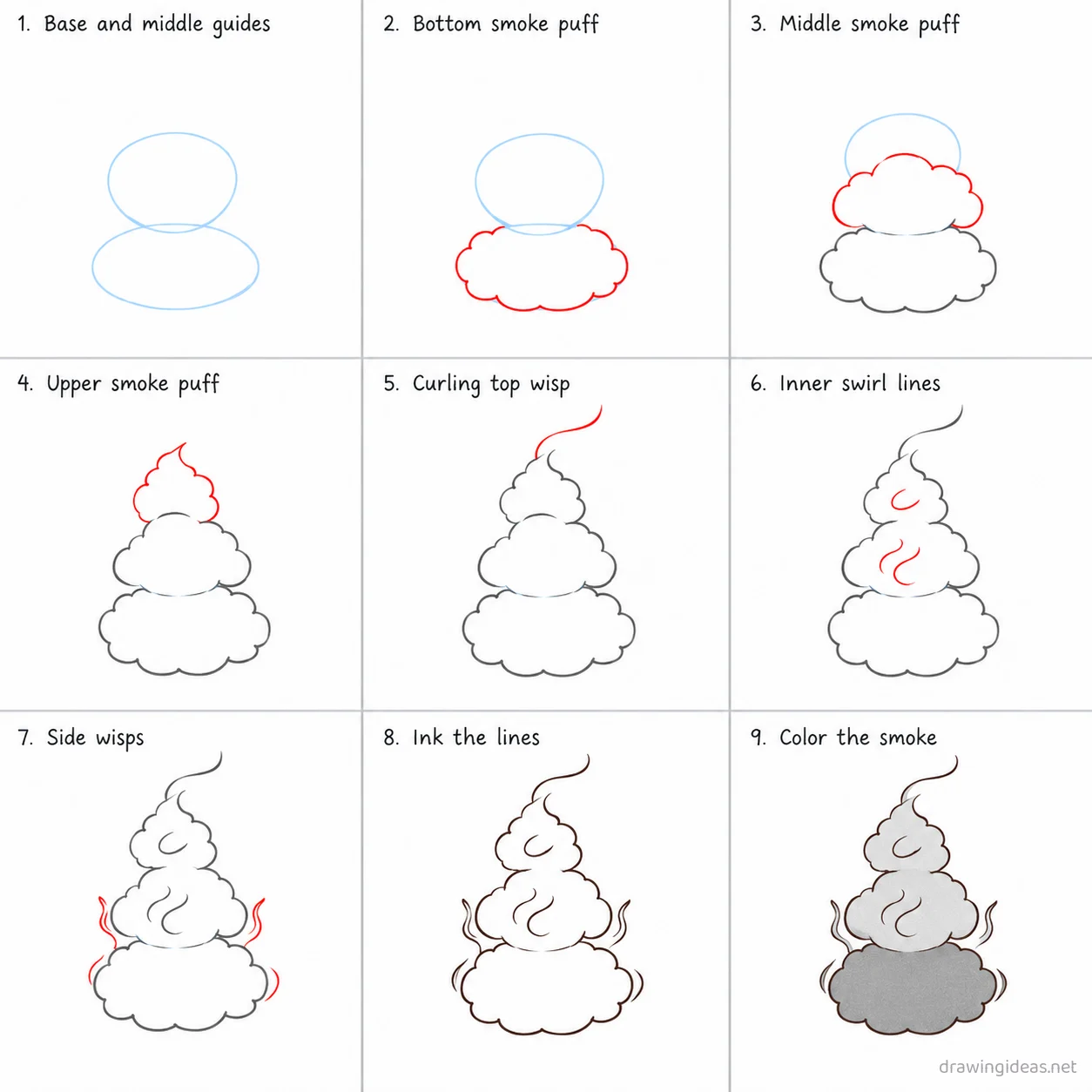 How to draw smoke step by step — 9-step smoke drawing tutorial sheet
