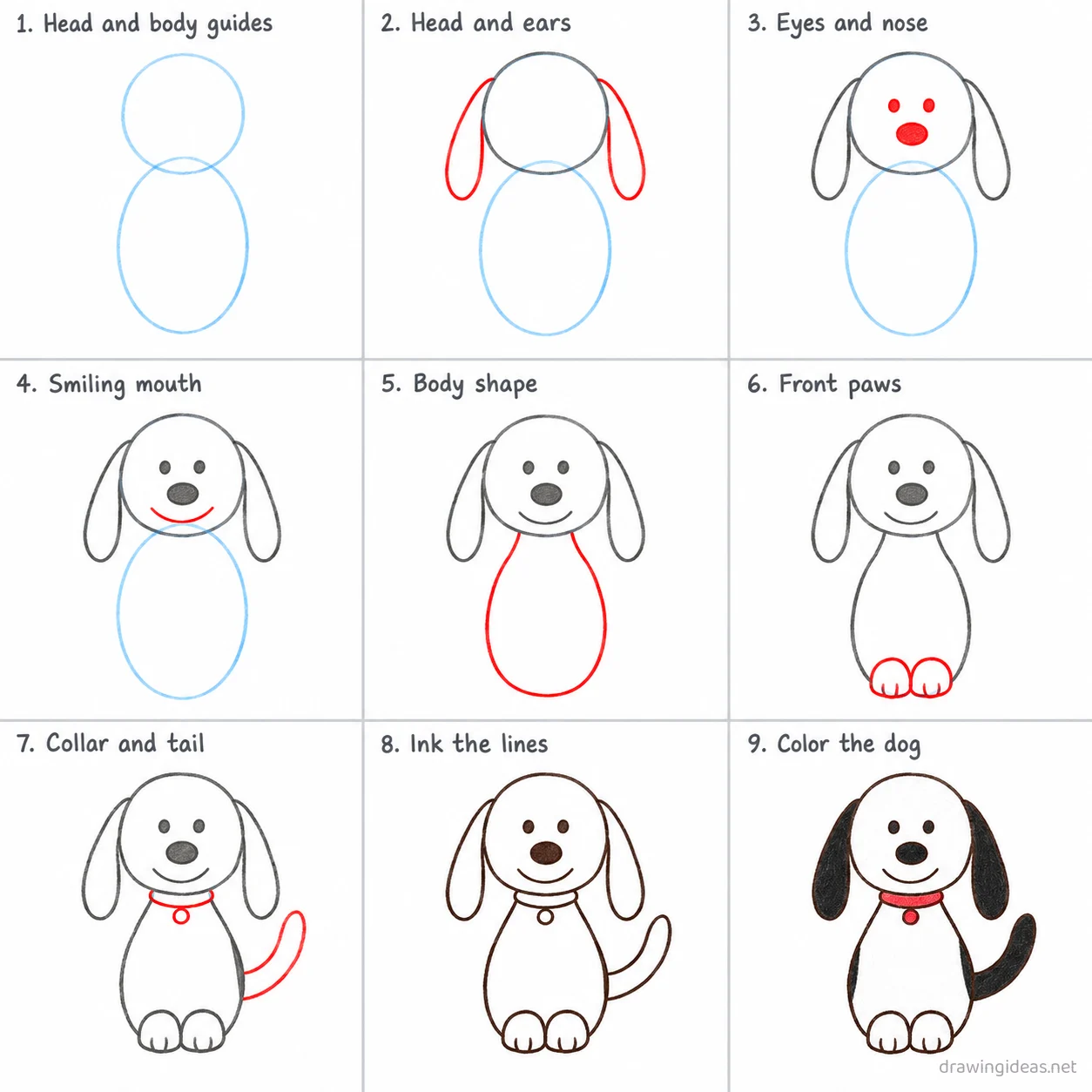 How to draw Snoopy step by step — 9-step Snoopy drawing tutorial sheet