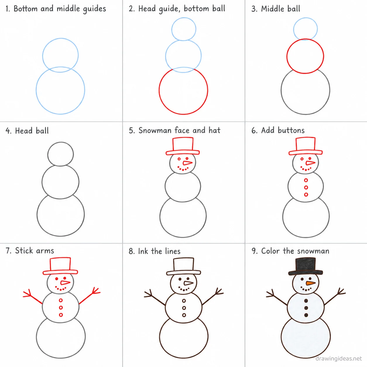 How to draw snow step by step — 9-step snow drawing tutorial sheet