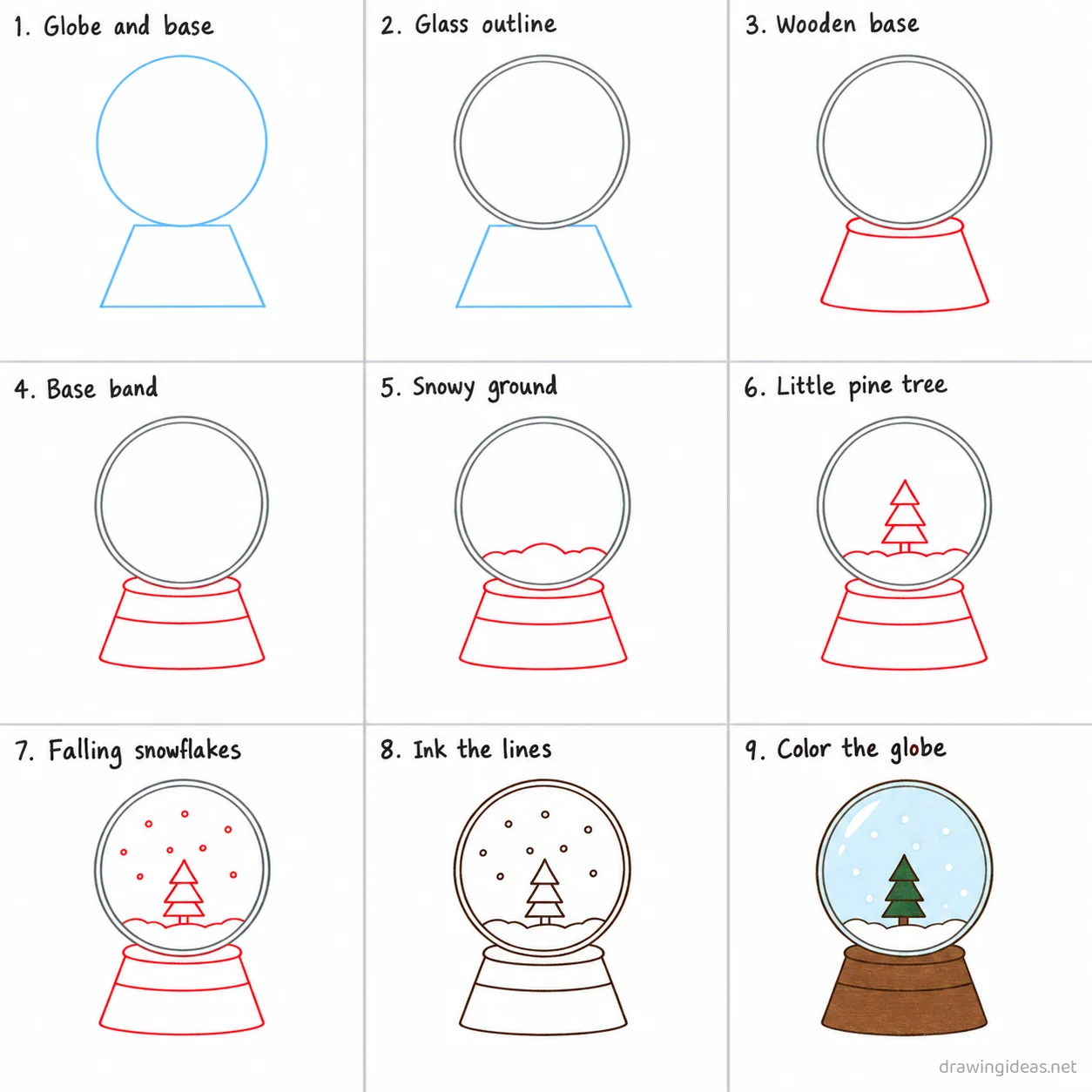 How to draw a snow globe step by step — 9-step snow globe drawing tutorial sheet