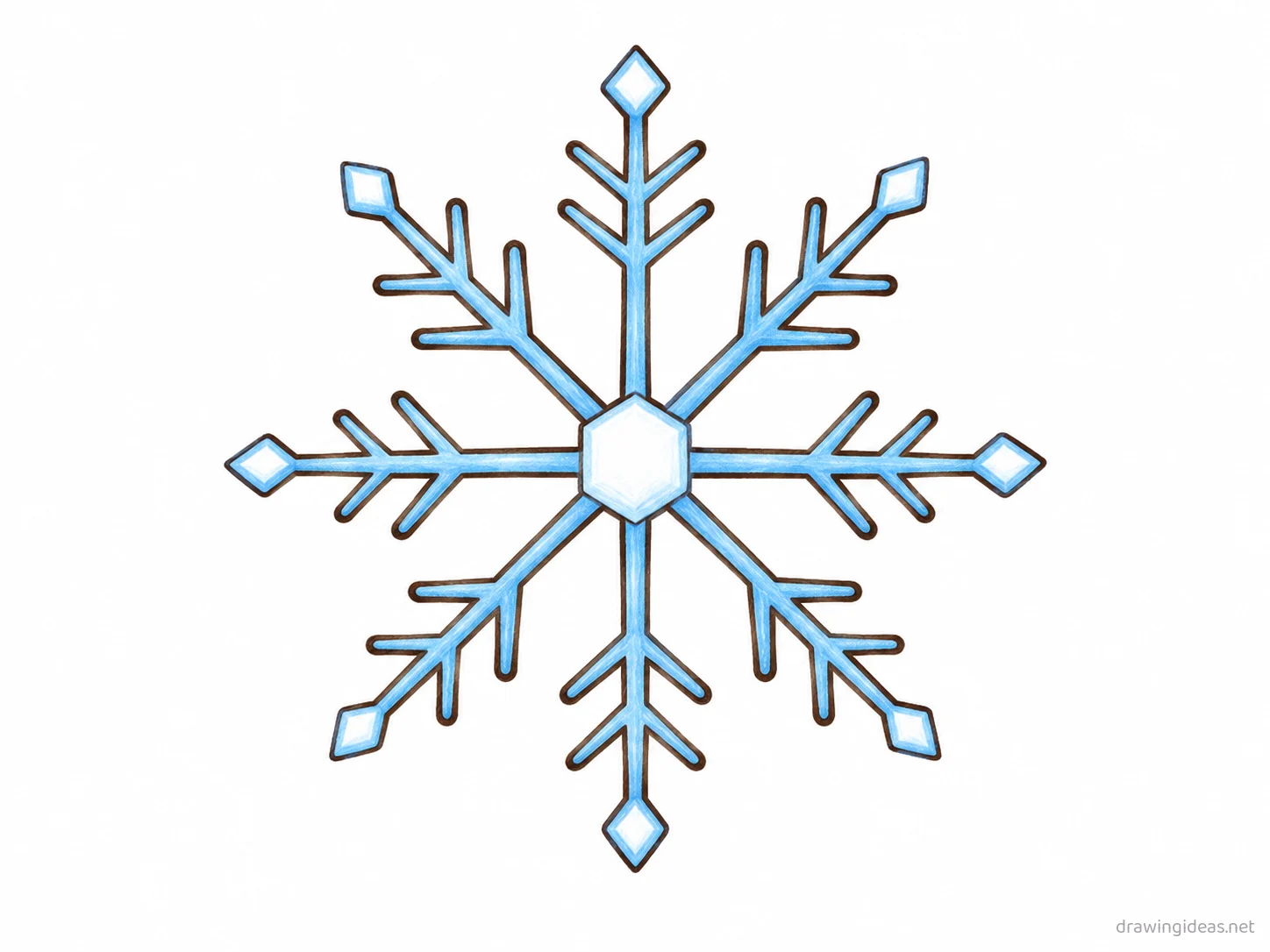 Snowflake drawing — hand-drawn snowflake illustration with ink lines and soft colors