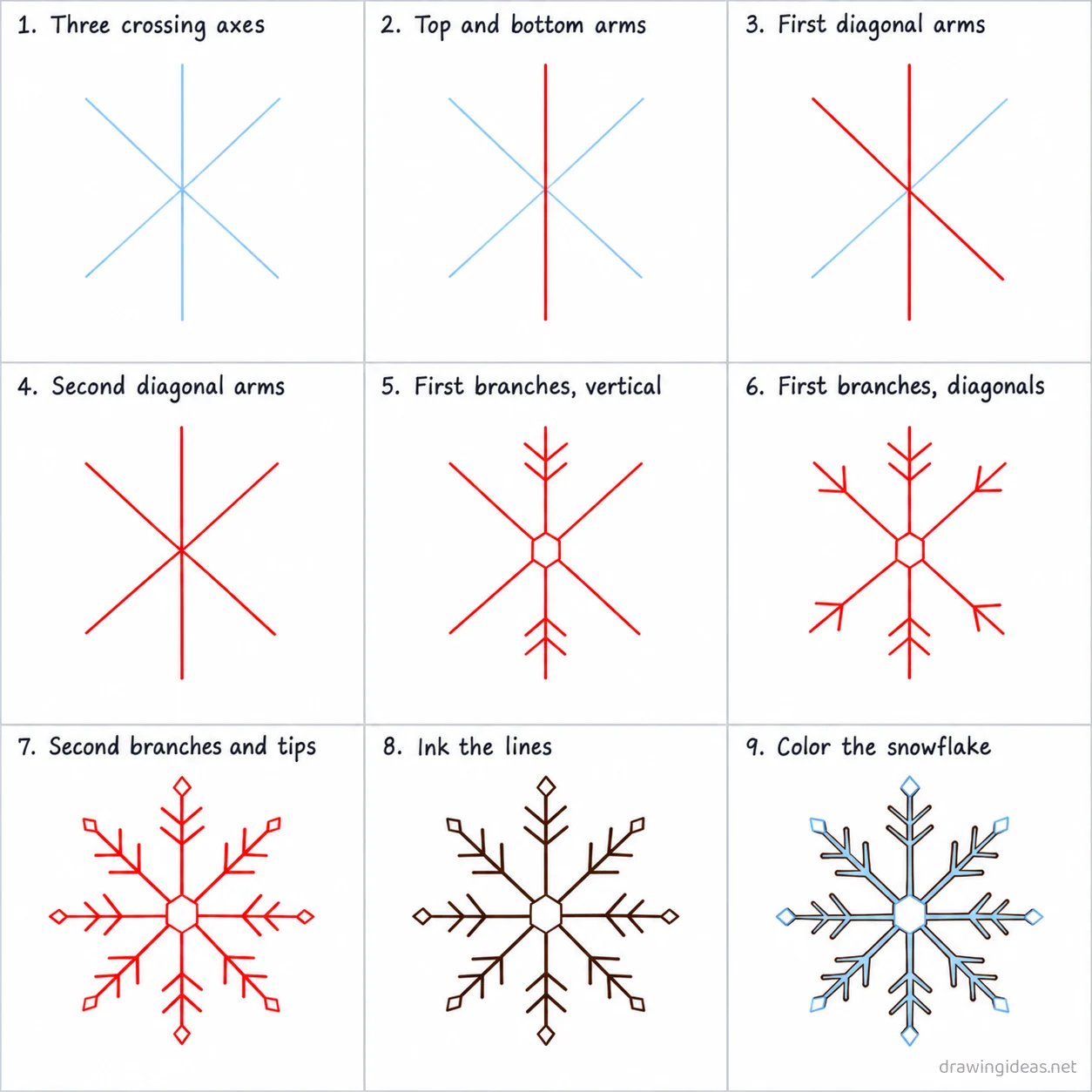 How to draw a snowflake step by step — 9-step snowflake drawing tutorial sheet