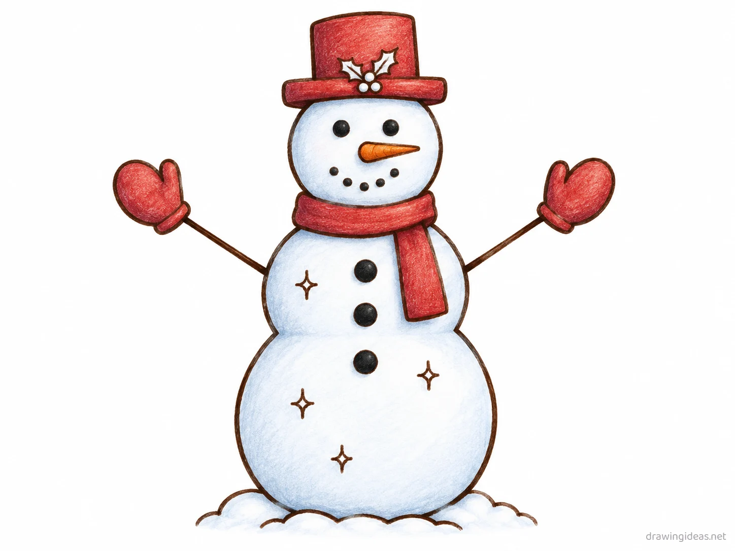 Snowman drawing — hand-drawn snowman illustration with ink lines and soft colors