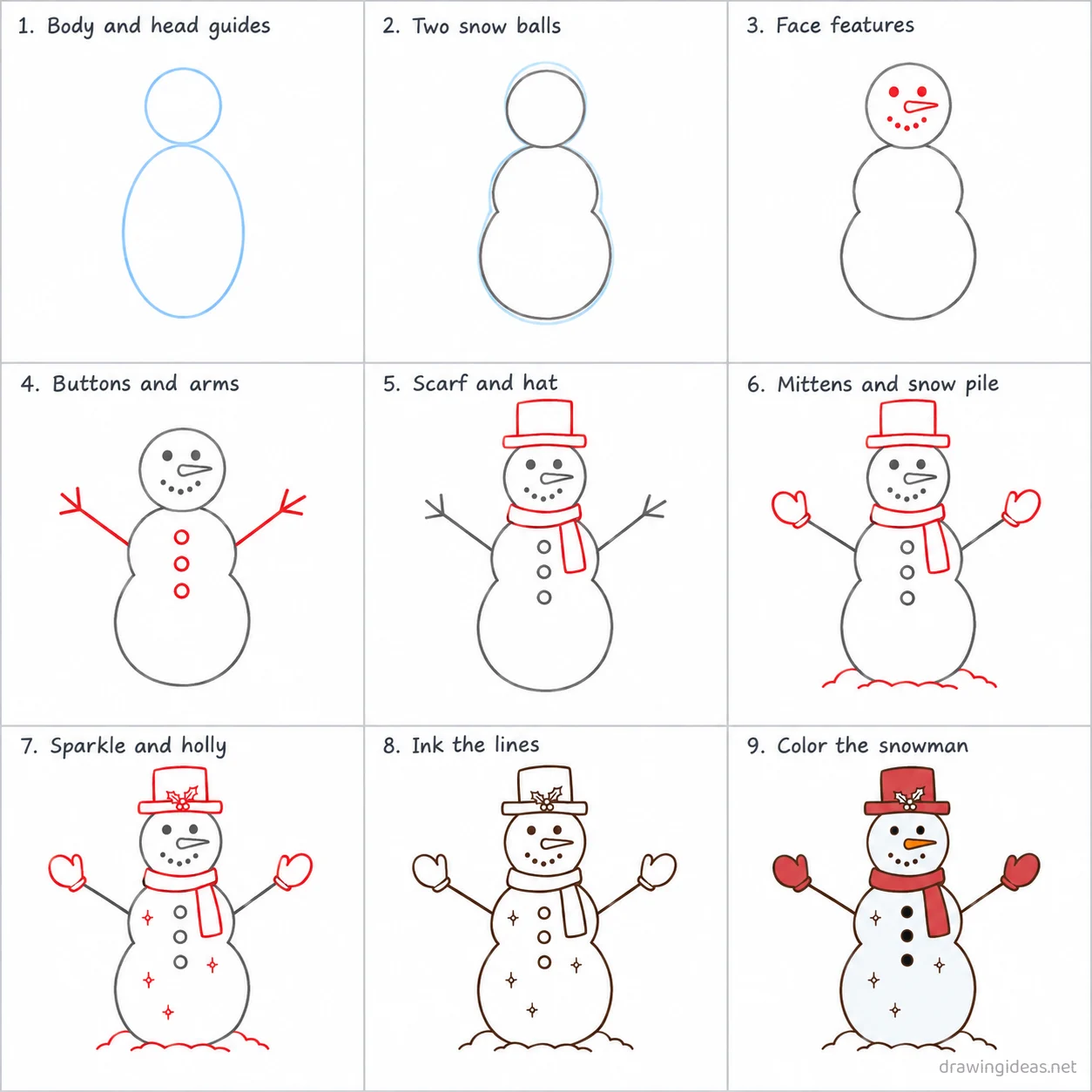 How to draw a snowman step by step — 9-step snowman drawing tutorial sheet