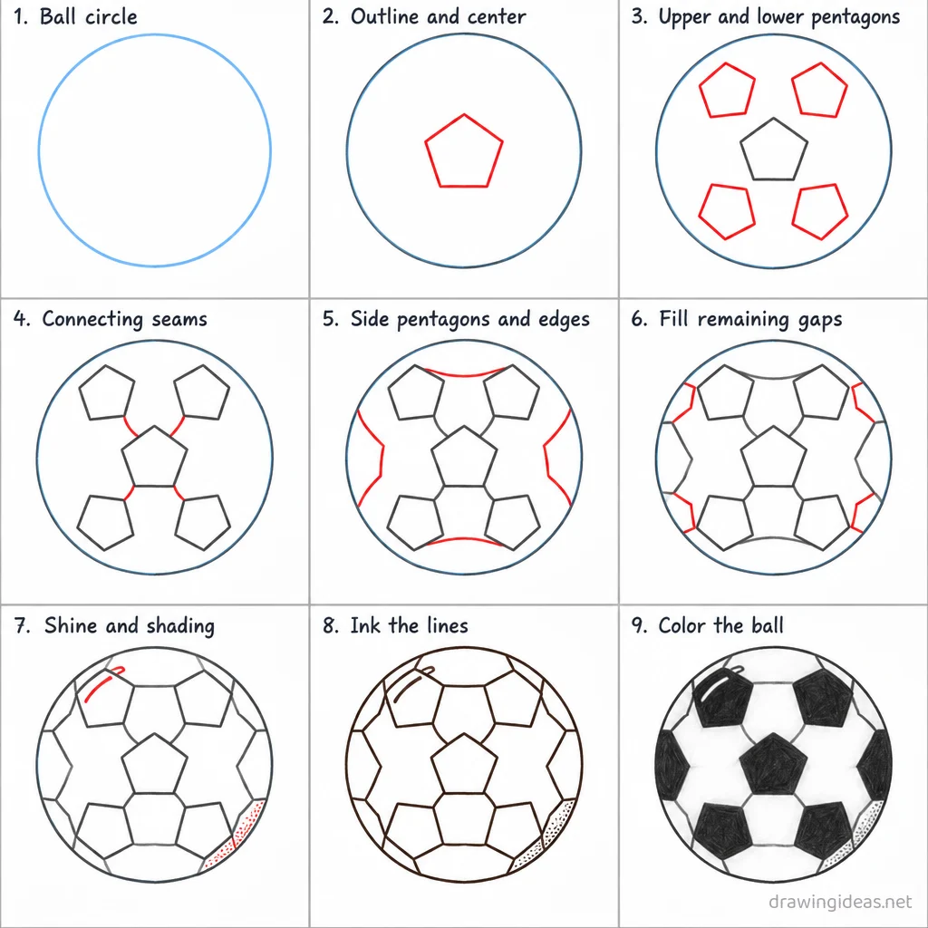 How to draw a soccer ball step by step — 9-step soccer ball drawing tutorial sheet