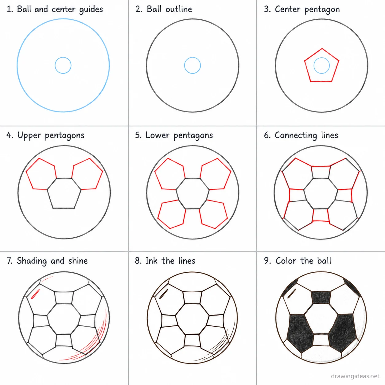 How to draw a soccer step by step — 9-step soccer drawing tutorial sheet