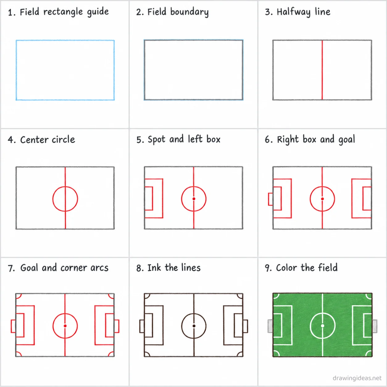 How to draw a soccer field step by step — 9-step soccer field drawing tutorial sheet