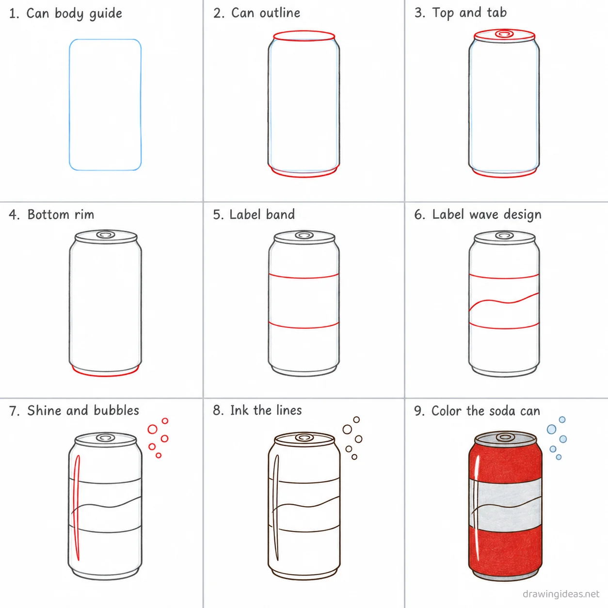 How to draw a soda can step by step — 9-step soda can drawing tutorial sheet