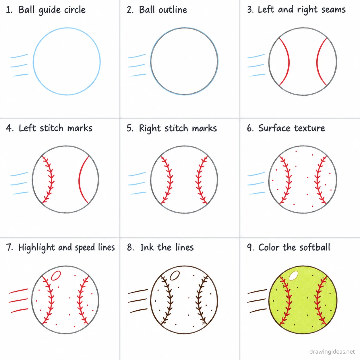How to draw a softball step by step — 9-step softball drawing tutorial sheet