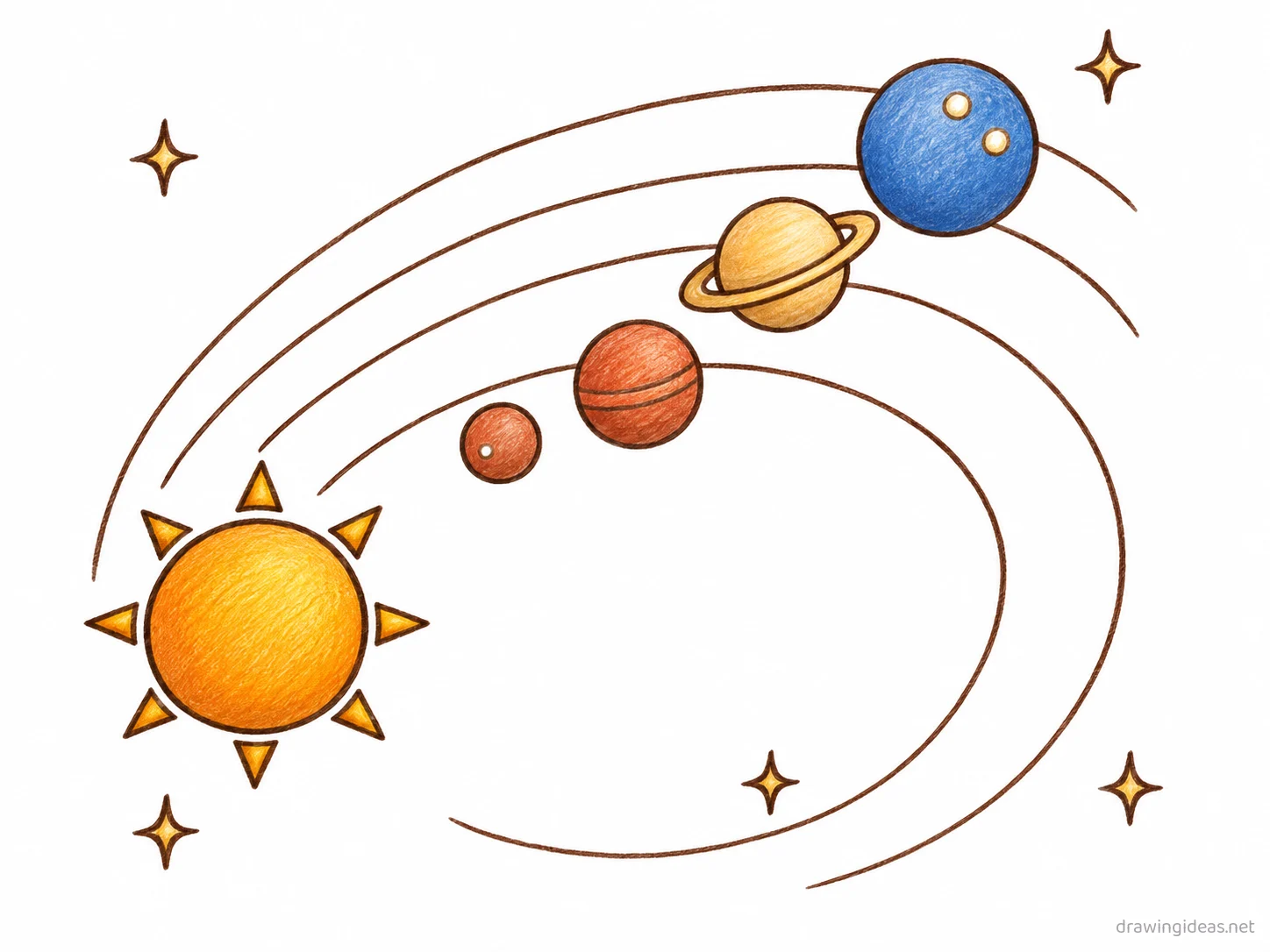 Solar System drawing — hand-drawn Solar System illustration with ink lines and soft colors