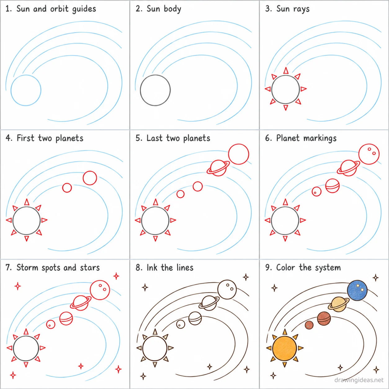 How to draw the Solar System step by step — 9-step Solar System drawing tutorial sheet