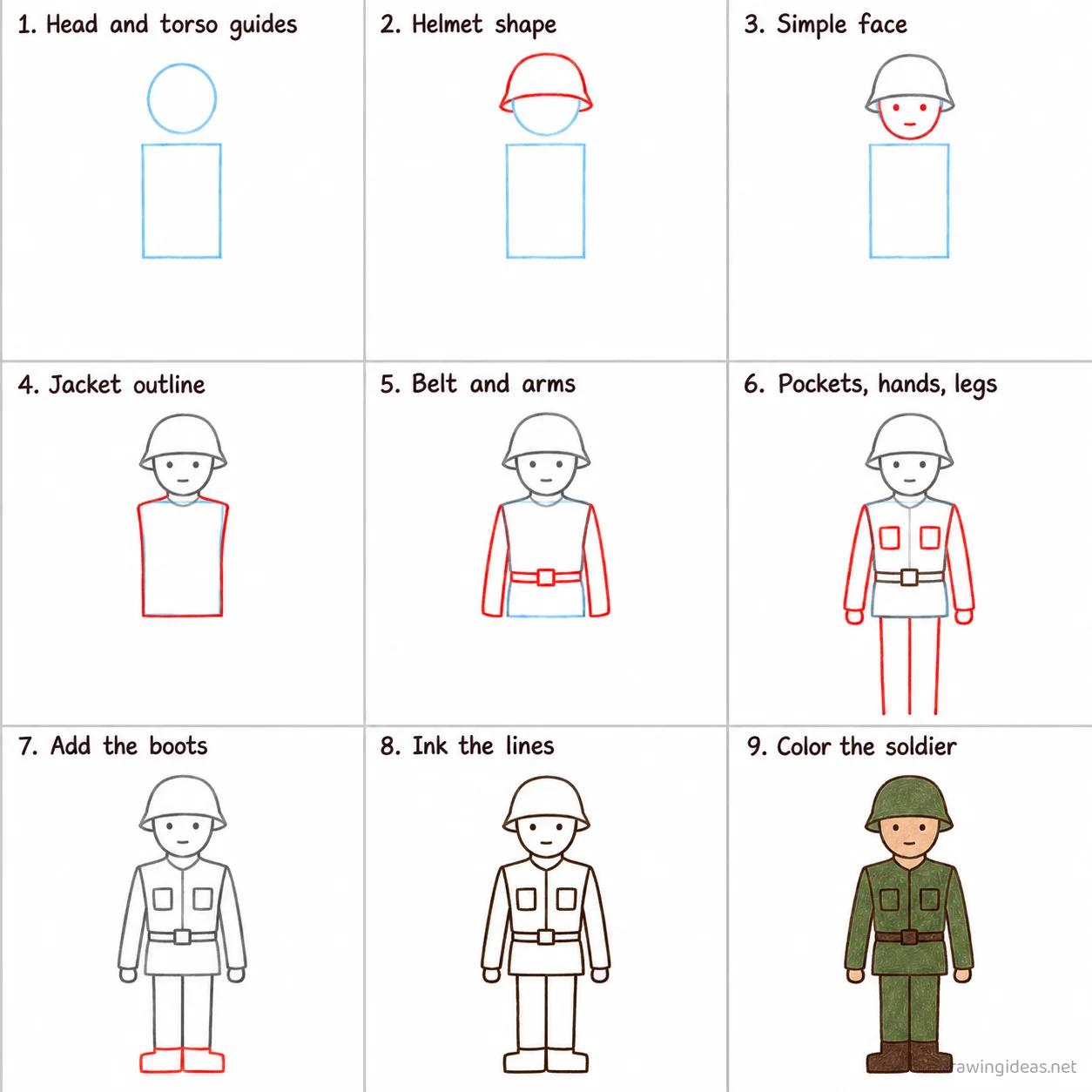How to draw a soldier step by step — 9-step soldier drawing tutorial sheet