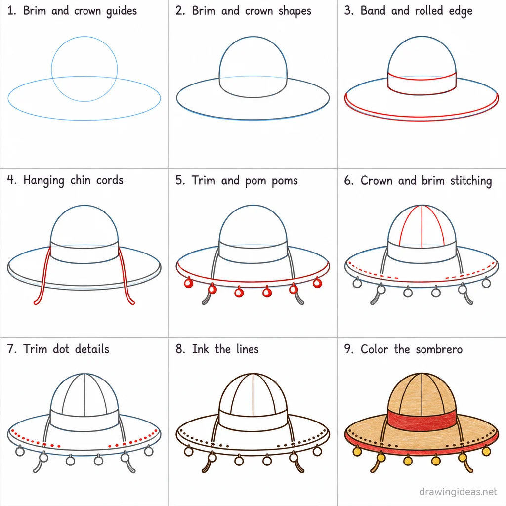 How to draw a sombrero step by step — 9-step sombrero drawing tutorial sheet