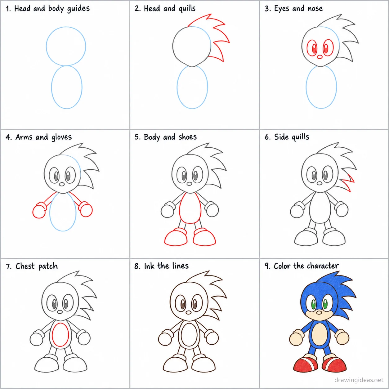 How to draw Sonic step by step — 9-step Sonic drawing tutorial sheet