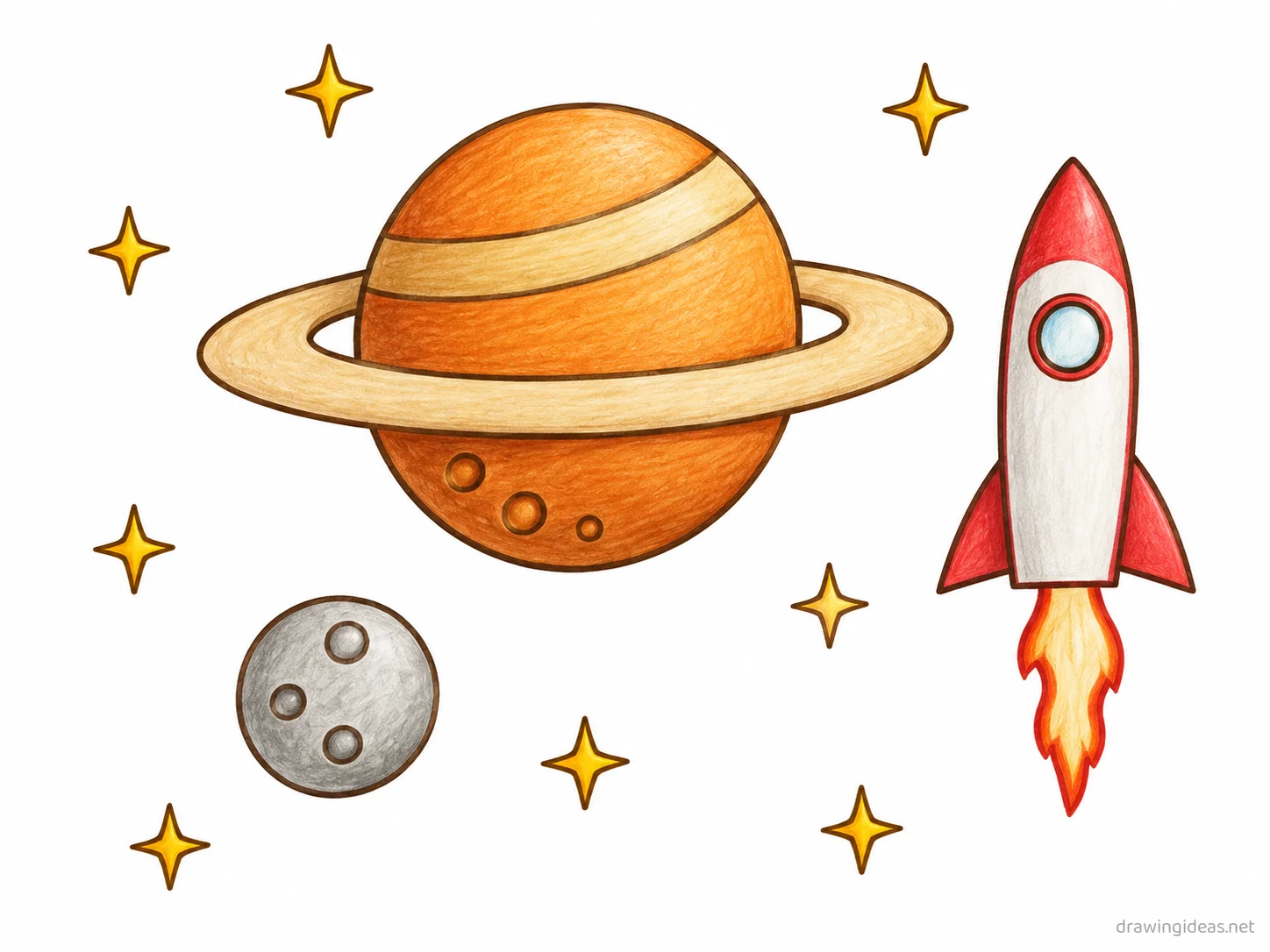 Space drawing — hand-drawn space illustration with ink lines and soft colors