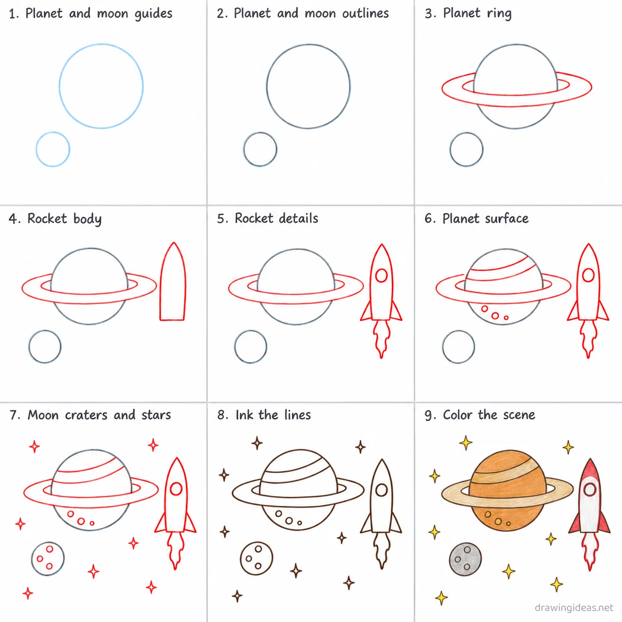 How to draw space step by step — 9-step space drawing tutorial sheet