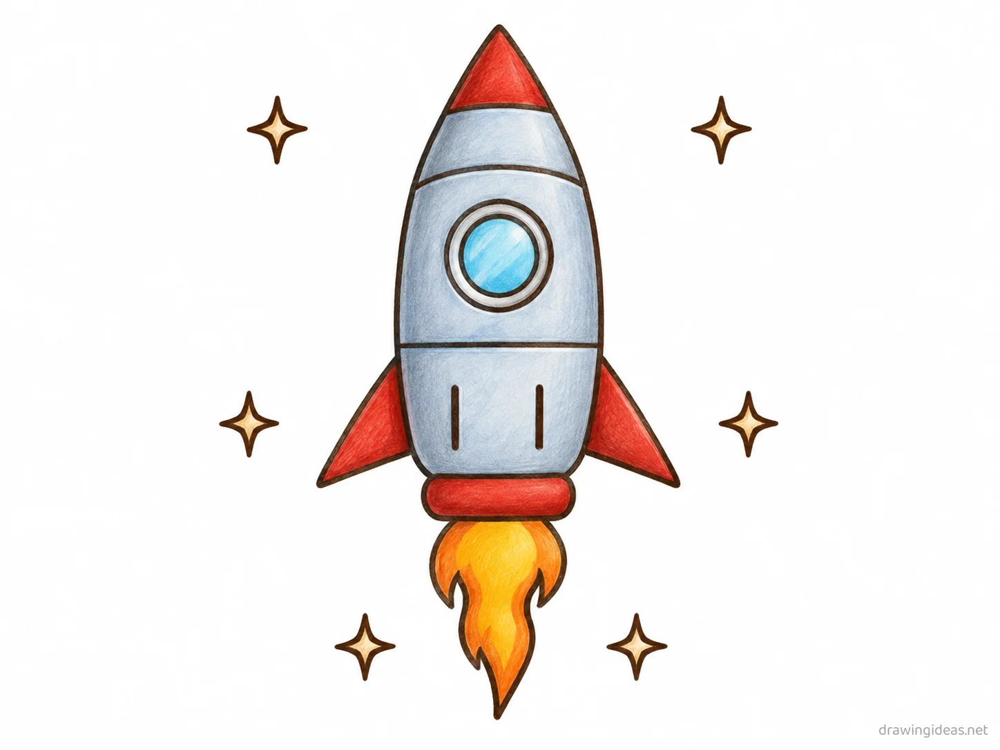 Spaceship drawing — hand-drawn spaceship illustration with ink lines and soft colors