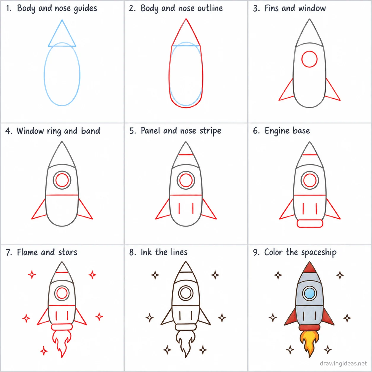 How to draw a spaceship step by step — 9-step spaceship drawing tutorial sheet