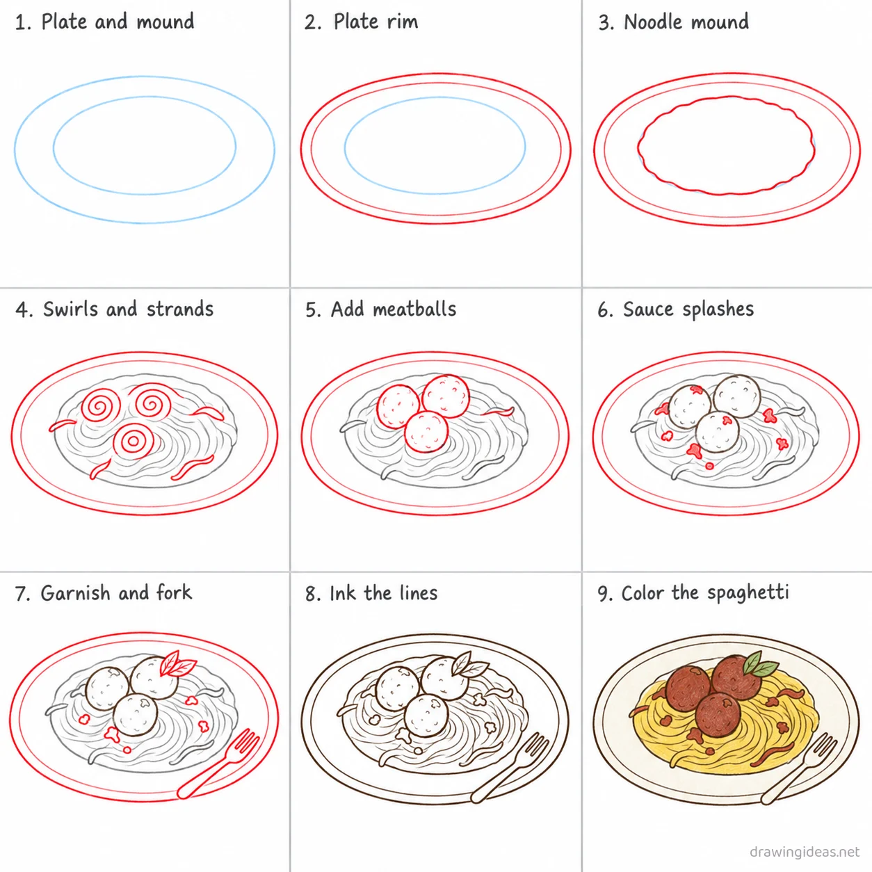 How to draw spaghetti step by step — 9-step spaghetti drawing tutorial sheet