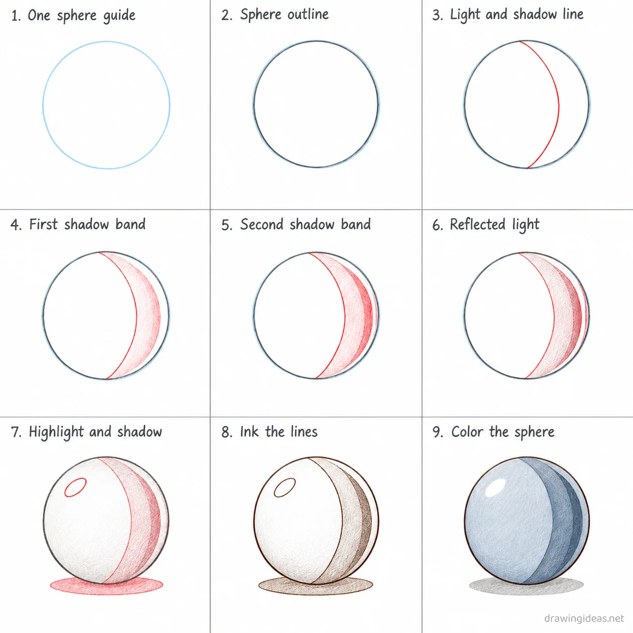 How to draw a sphere step by step — 9-step sphere drawing tutorial sheet