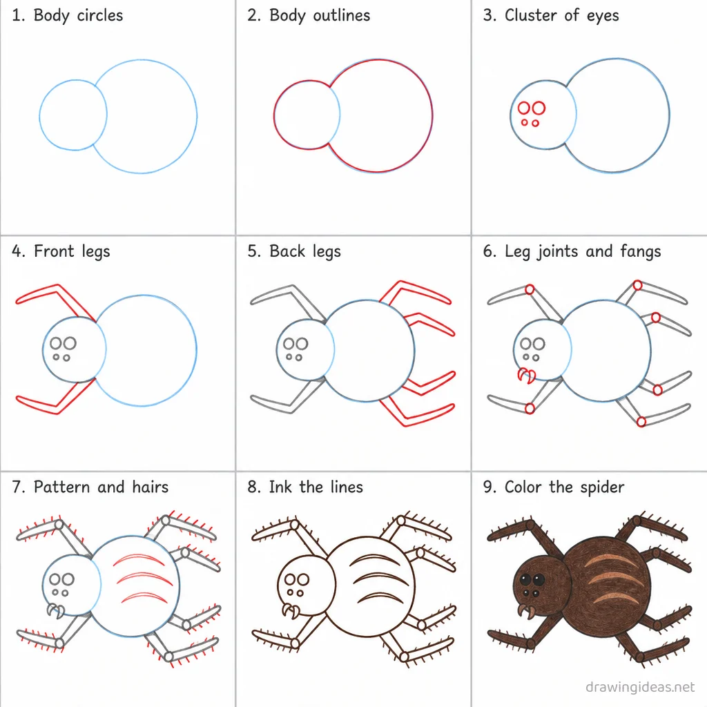 How to draw a spider step by step — 9-step spider drawing tutorial sheet