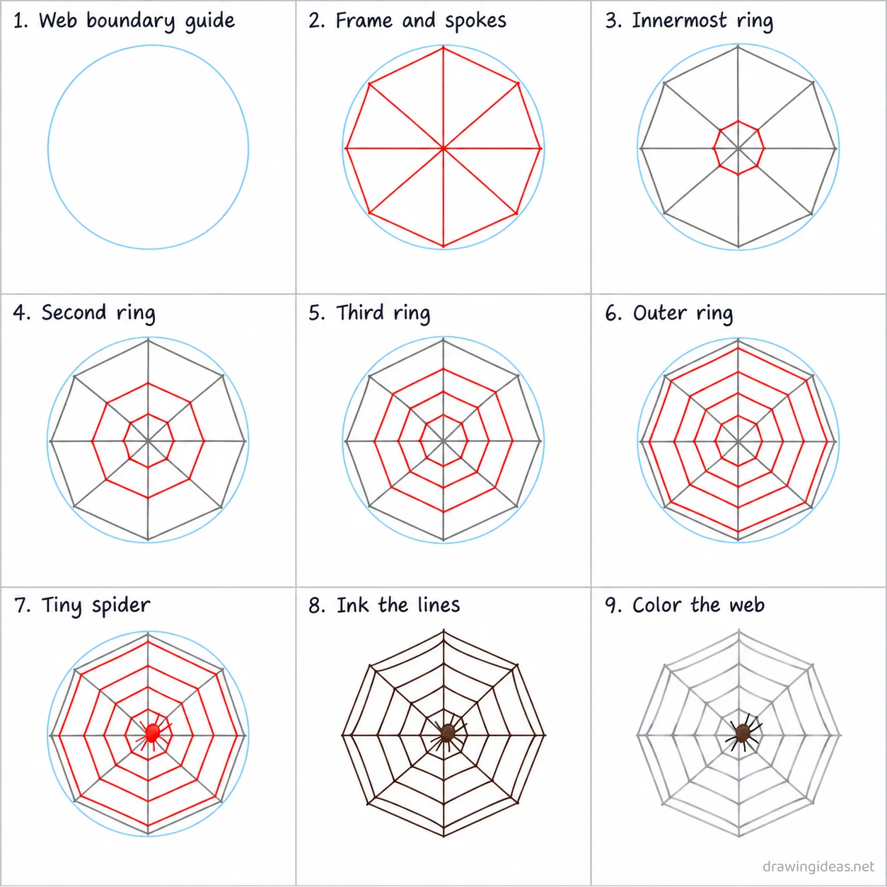 How to draw a spider web step by step — 9-step spider web drawing tutorial sheet