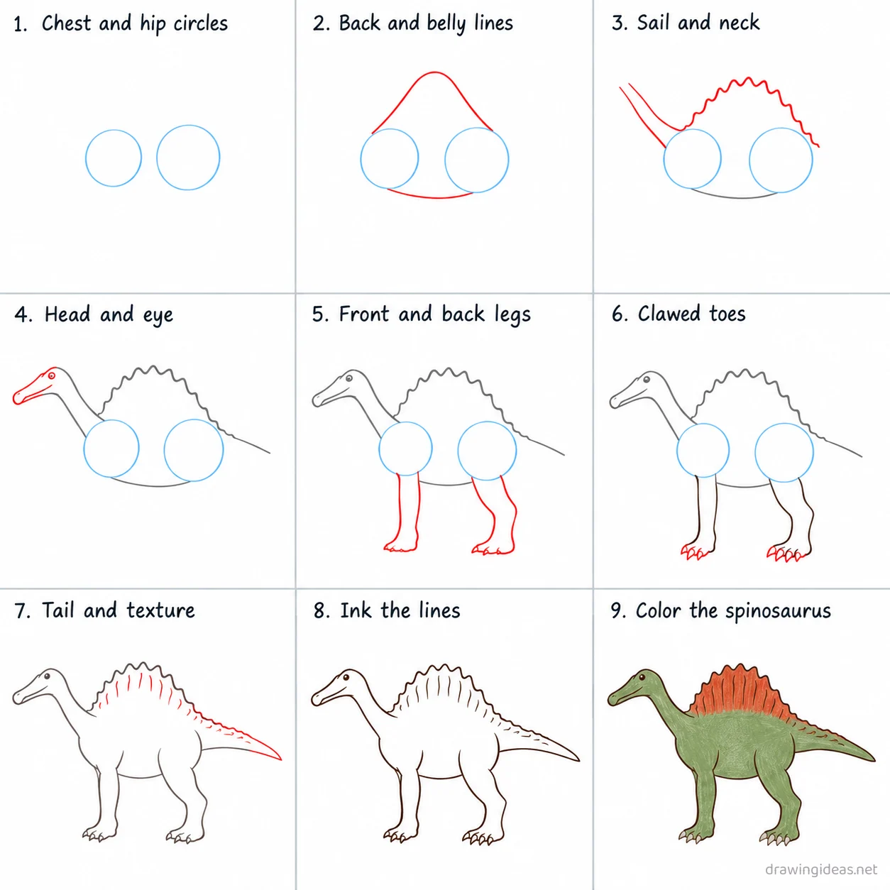 How to draw a spinosaurus step by step — 9-step spinosaurus drawing tutorial sheet