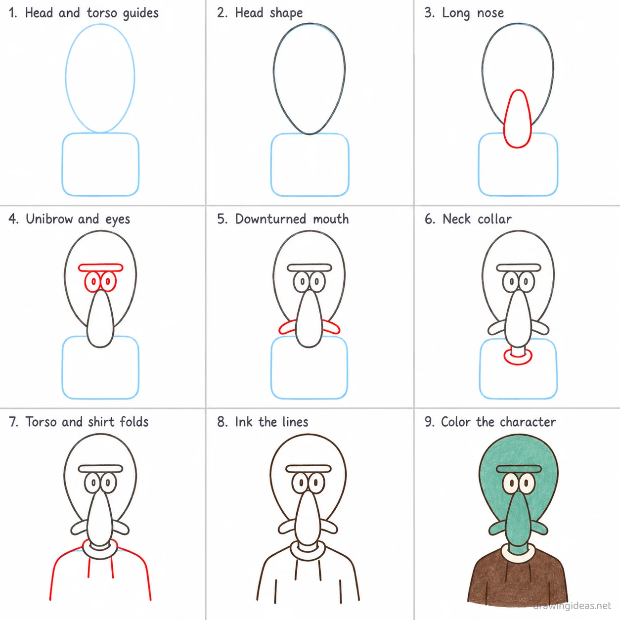 How to draw Squidward step by step — 9-step Squidward drawing tutorial sheet