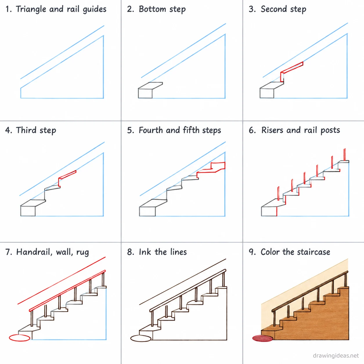 How to draw stairs step by step — 9-step stairs drawing tutorial sheet