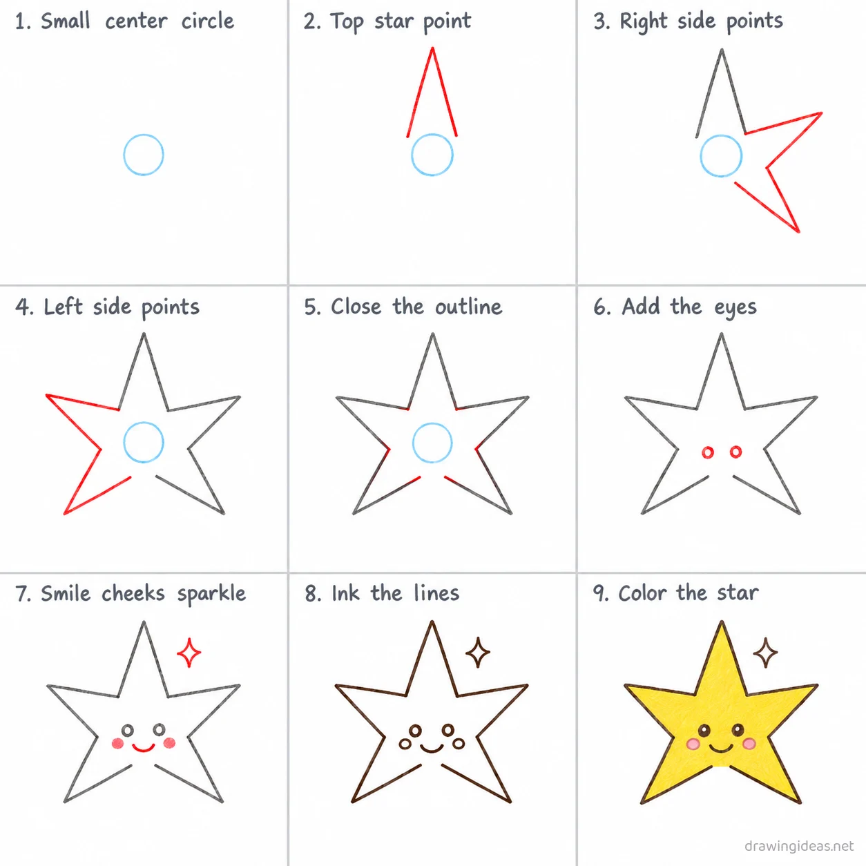 How to draw a star step by step — 9-step star drawing tutorial sheet