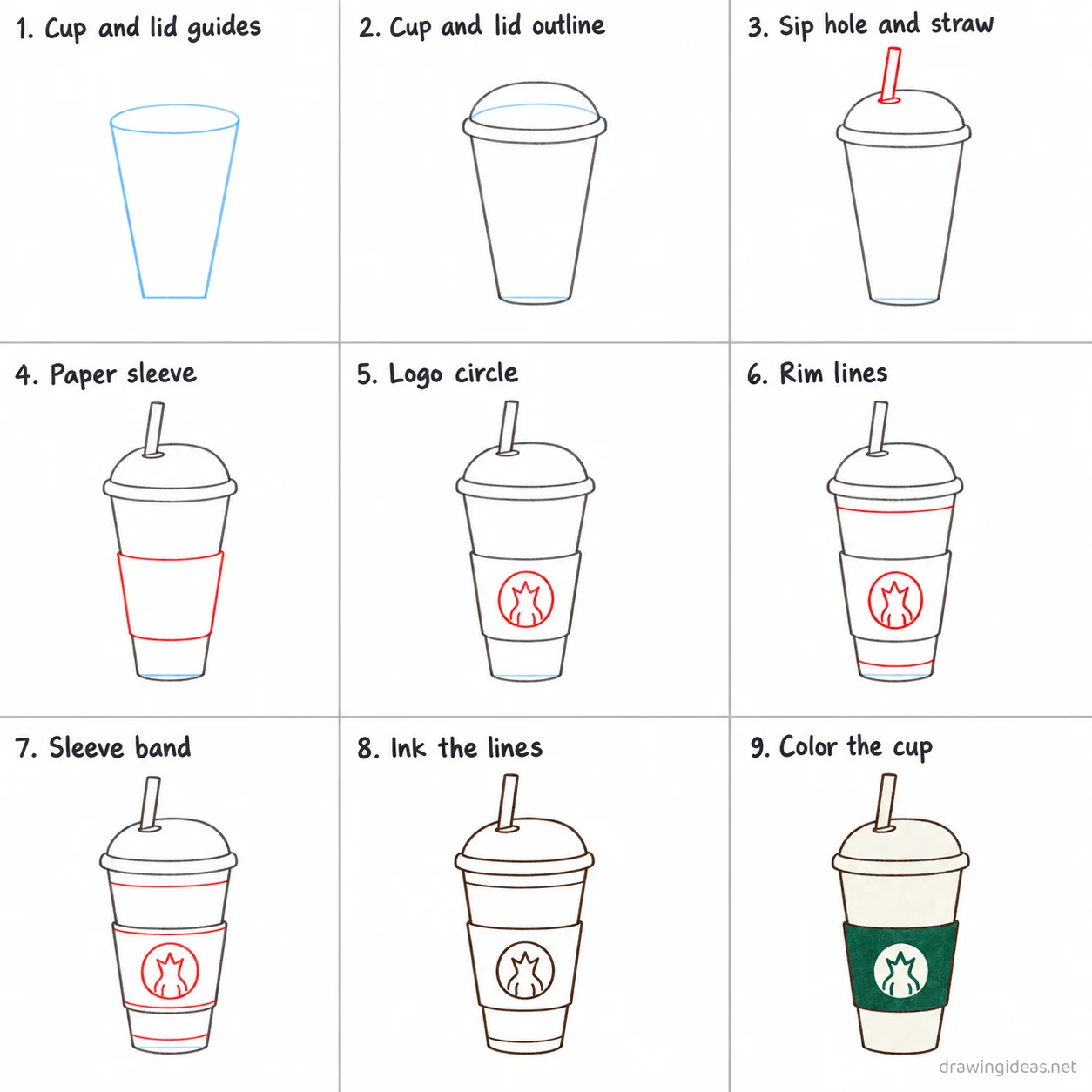 How to draw Starbucks step by step — 9-step Starbucks drawing tutorial sheet