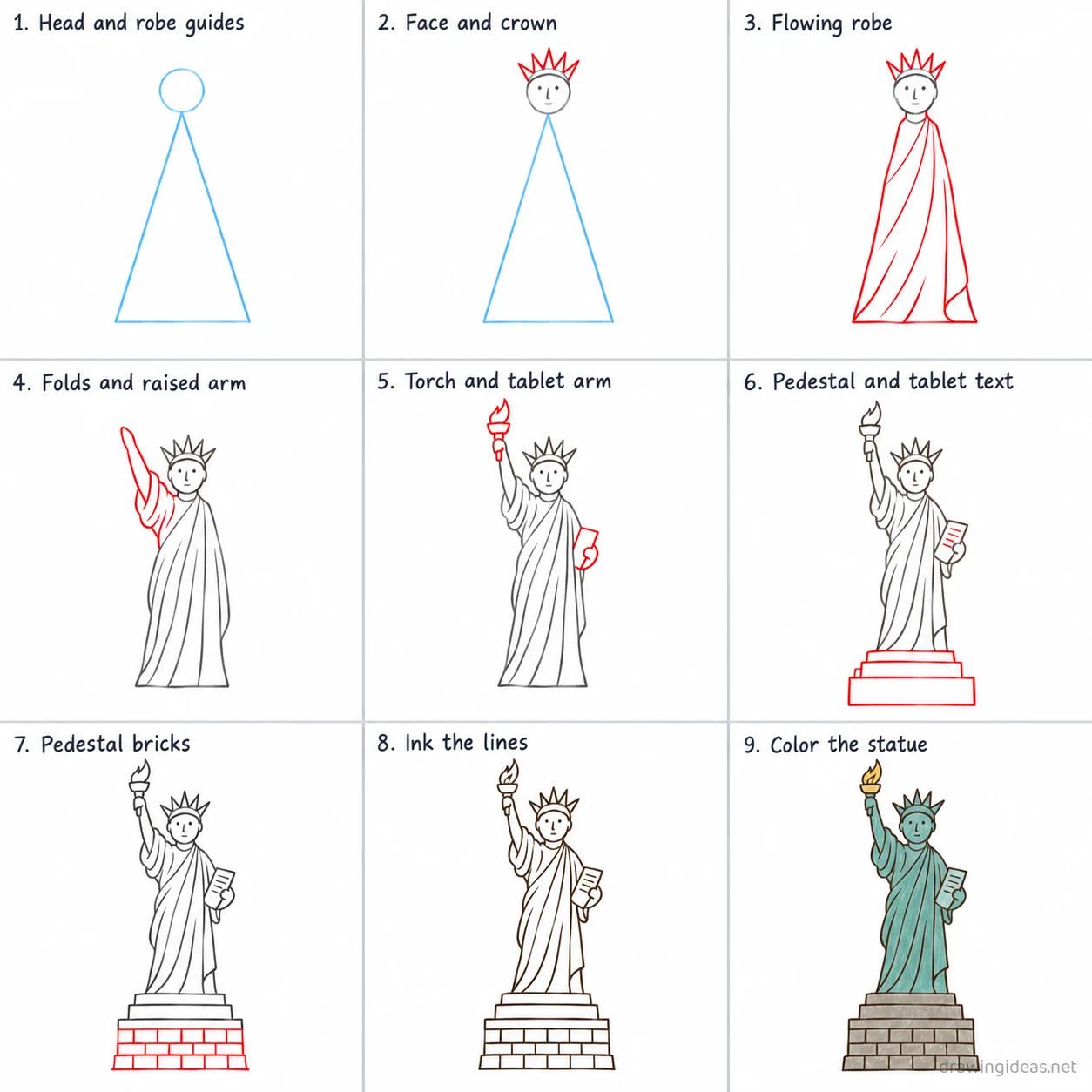 How to draw the Statue of Liberty step by step — 9-step Statue of Liberty drawing tutorial sheet
