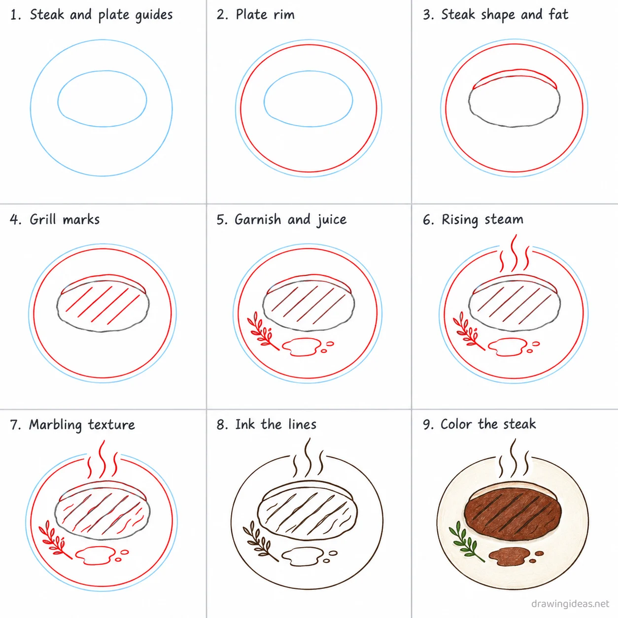 How to draw steak step by step — 9-step steak drawing tutorial sheet