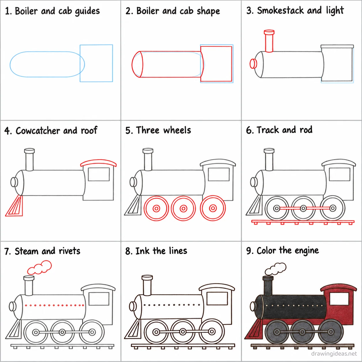 How to draw a steam engine step by step — 9-step steam engine drawing tutorial sheet