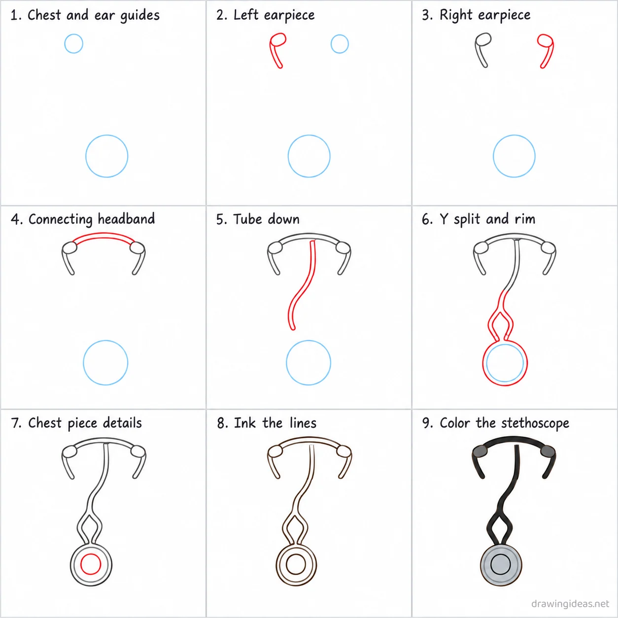How to draw a stethoscope step by step — 9-step stethoscope drawing tutorial sheet