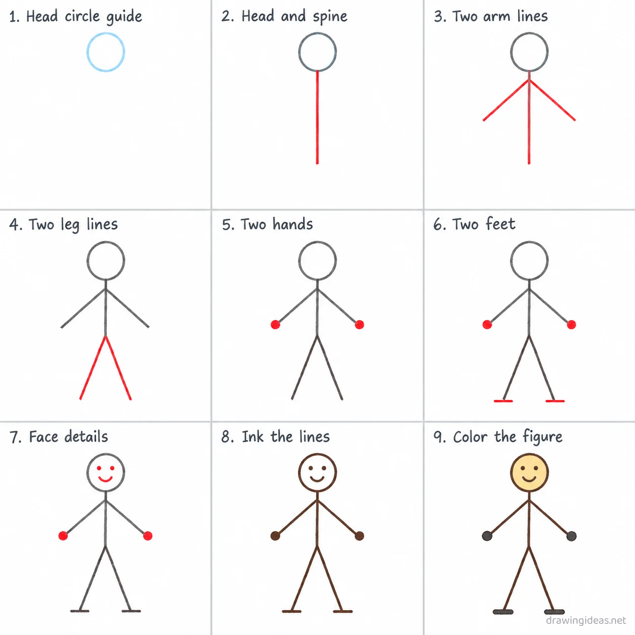 How to draw a stick figure step by step — 9-step stick figure drawing tutorial sheet