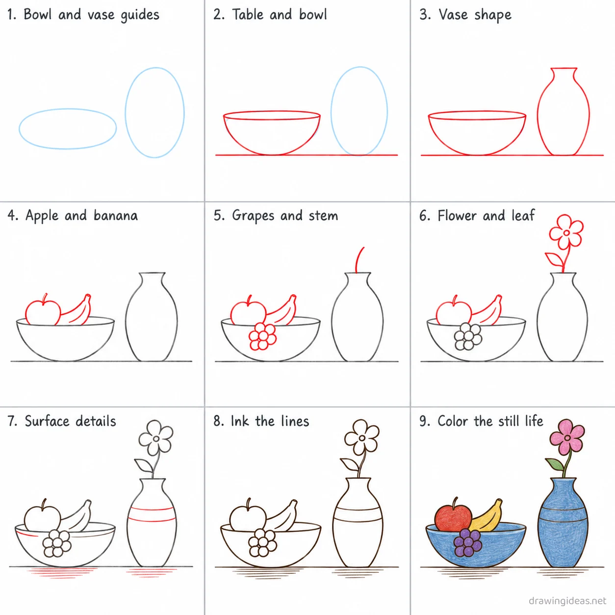 How to draw a still life step by step — 9-step still life drawing tutorial sheet