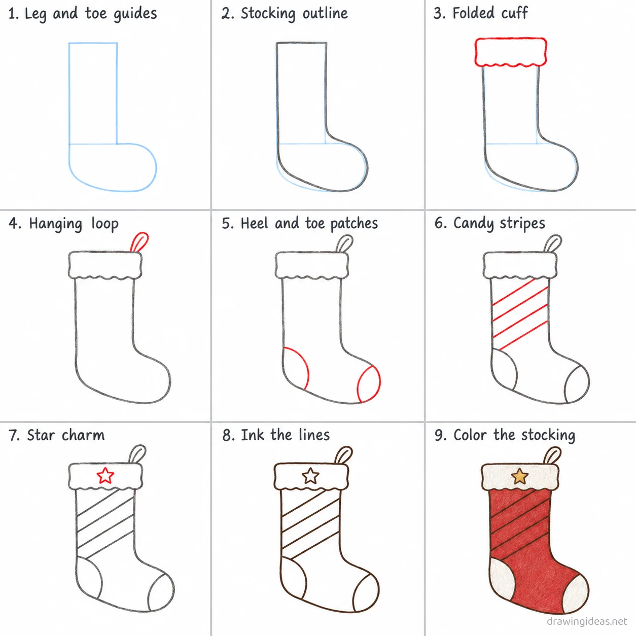 How to draw a stocking step by step — 9-step stocking drawing tutorial sheet