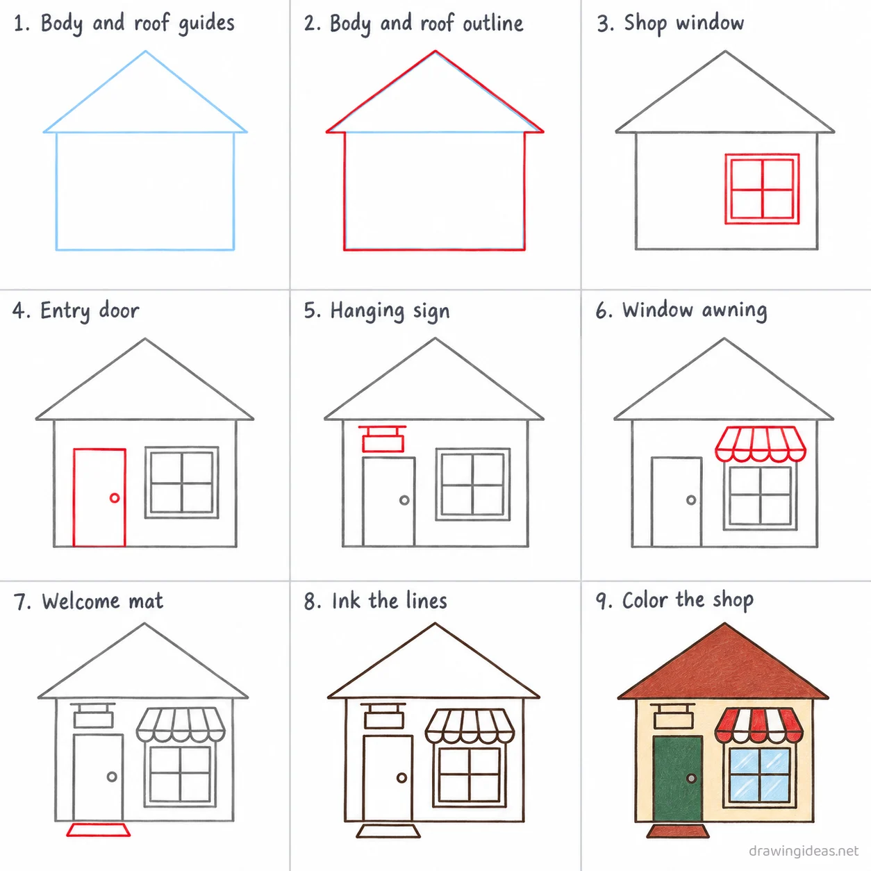 How to draw a store step by step — 9-step store drawing tutorial sheet