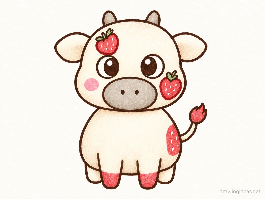 Strawberry Cow drawing — hand-drawn strawberry cow illustration with ink lines and soft colors