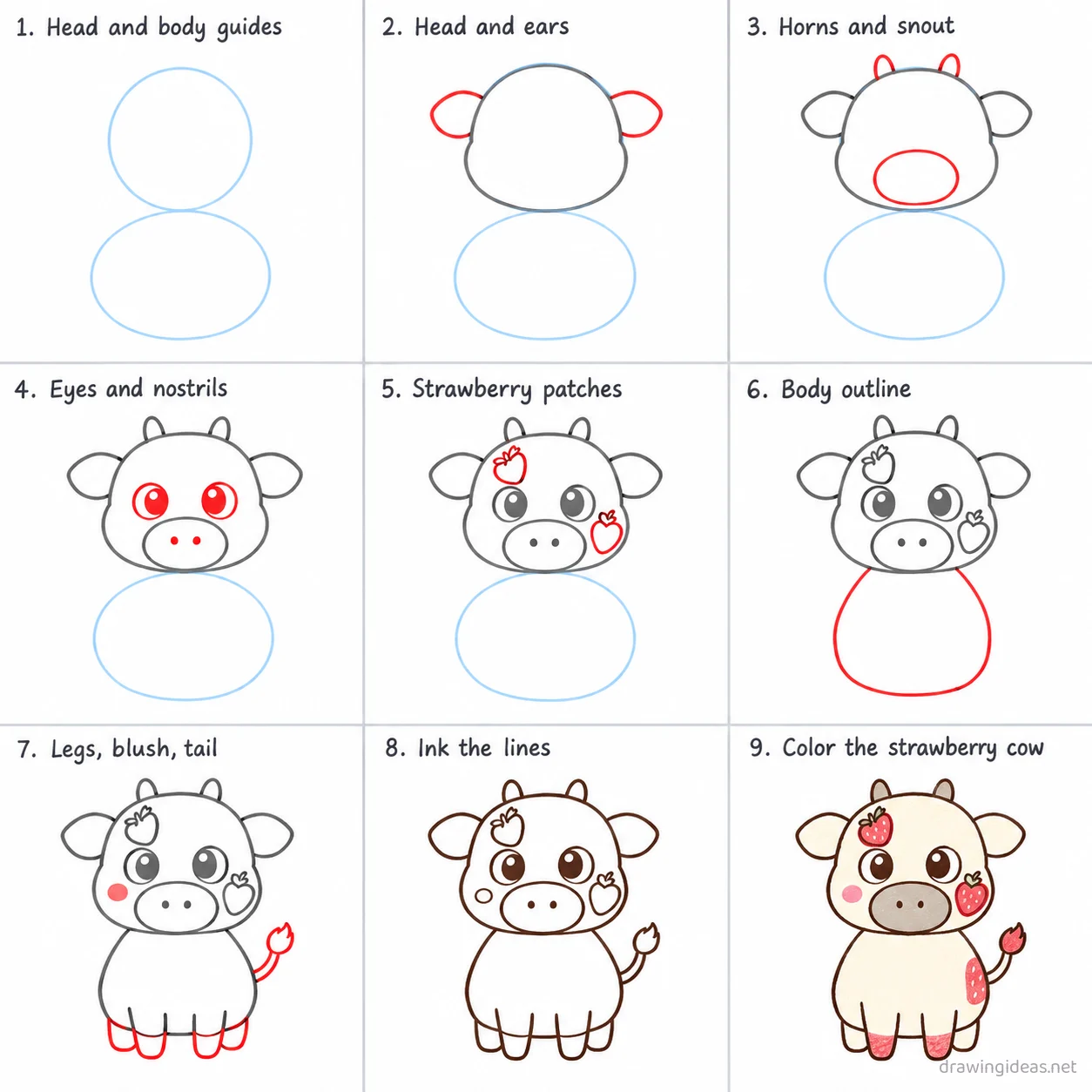 How to draw a strawberry cow step by step — 9-step strawberry cow drawing tutorial sheet