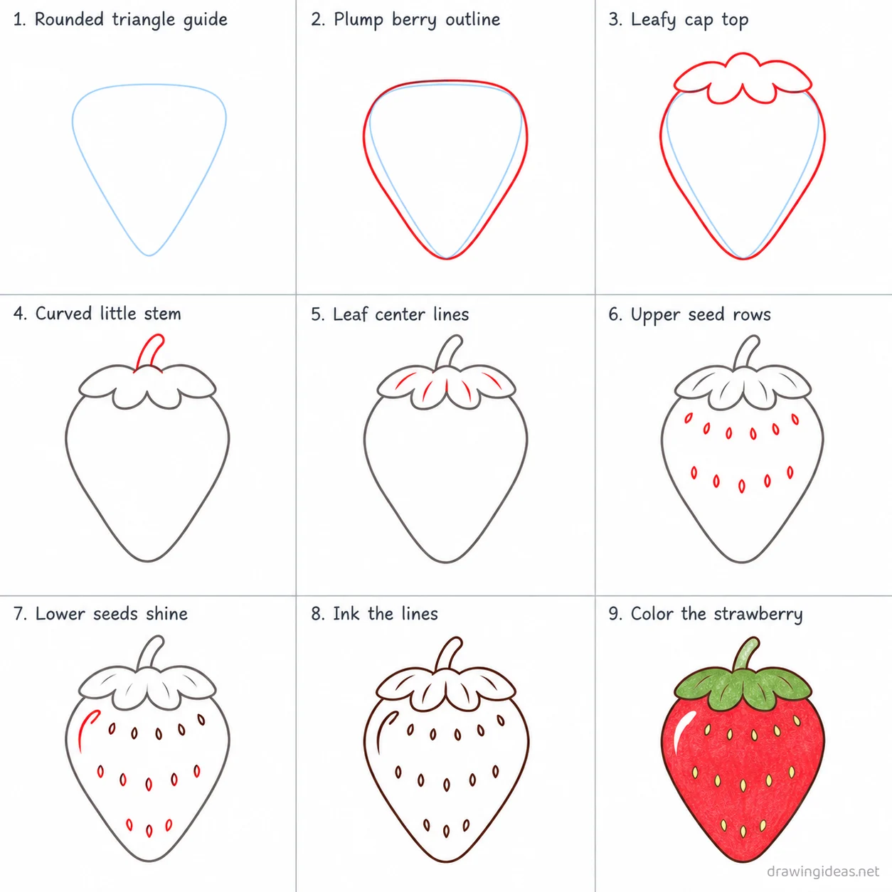 How to draw a strawberry step by step — 9-step strawberry drawing tutorial sheet