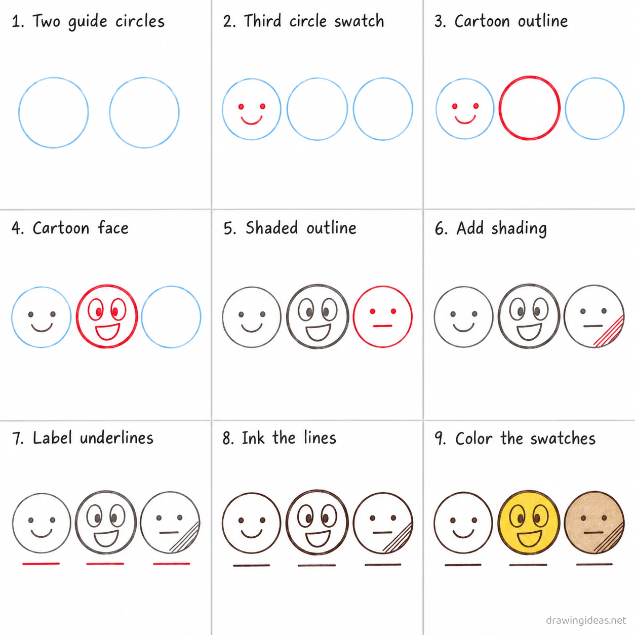 How to draw styles step by step — 9-step styles drawing tutorial sheet