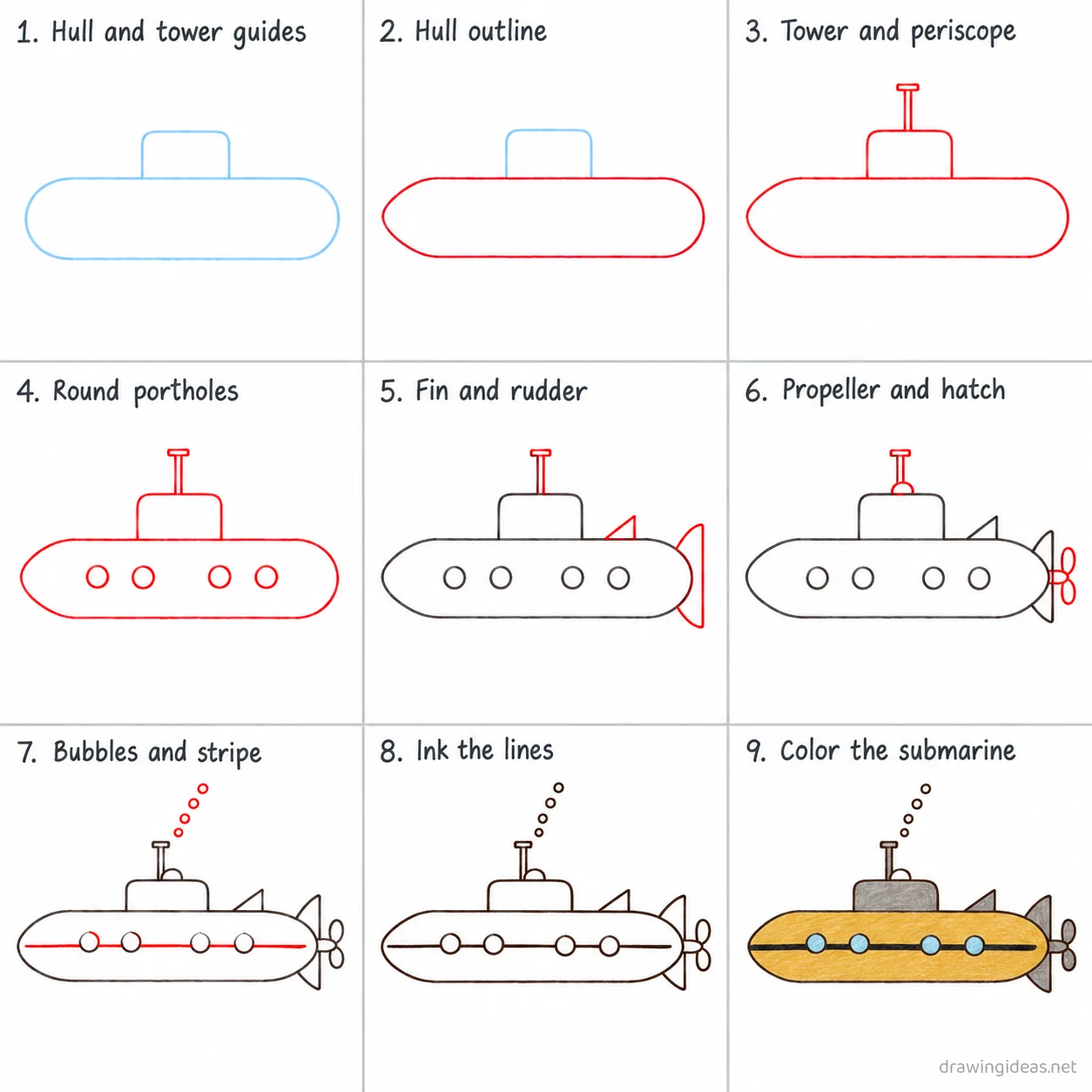 How to draw a submarine step by step — 9-step submarine drawing tutorial sheet