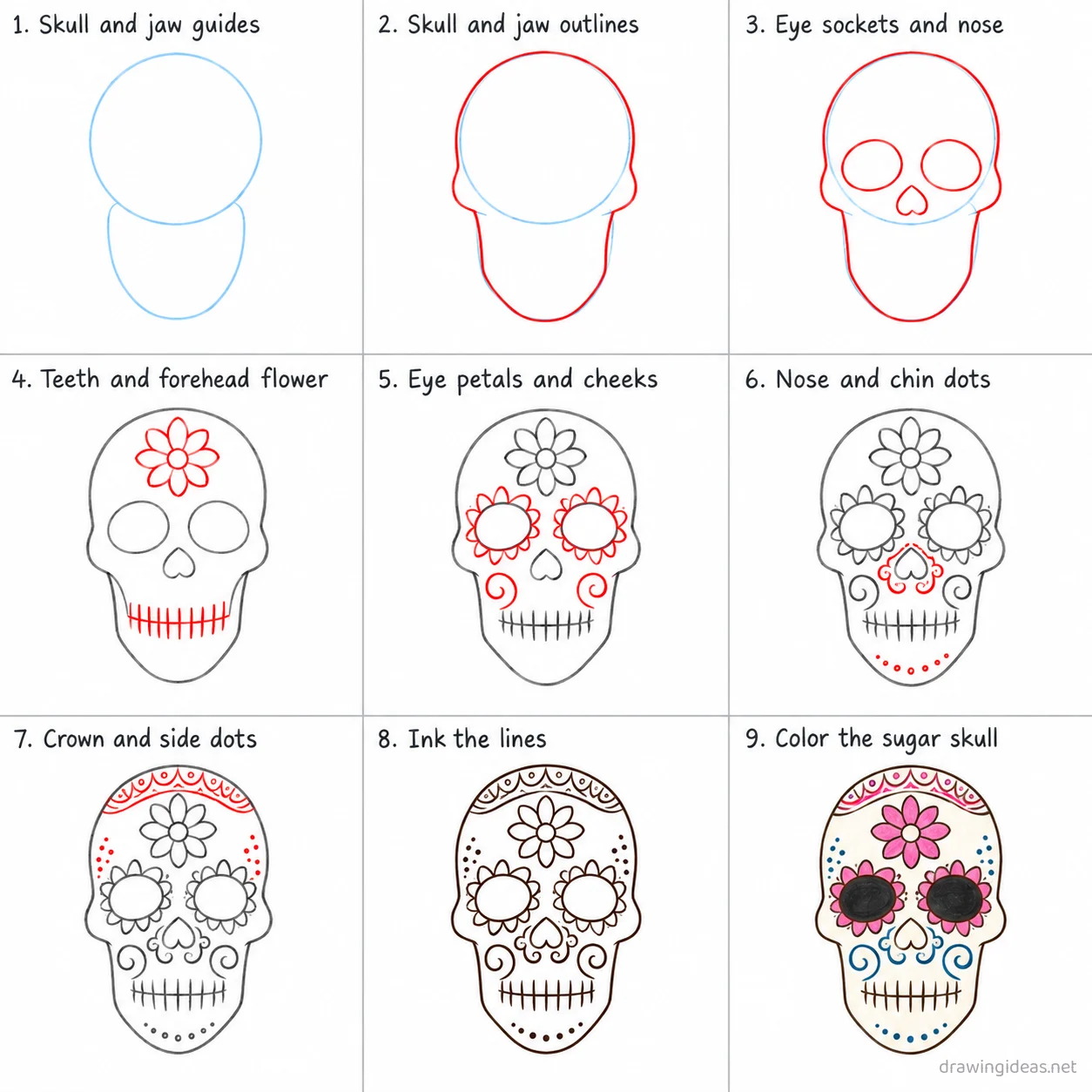 How to draw a sugar skull step by step — 9-step sugar skull drawing tutorial sheet