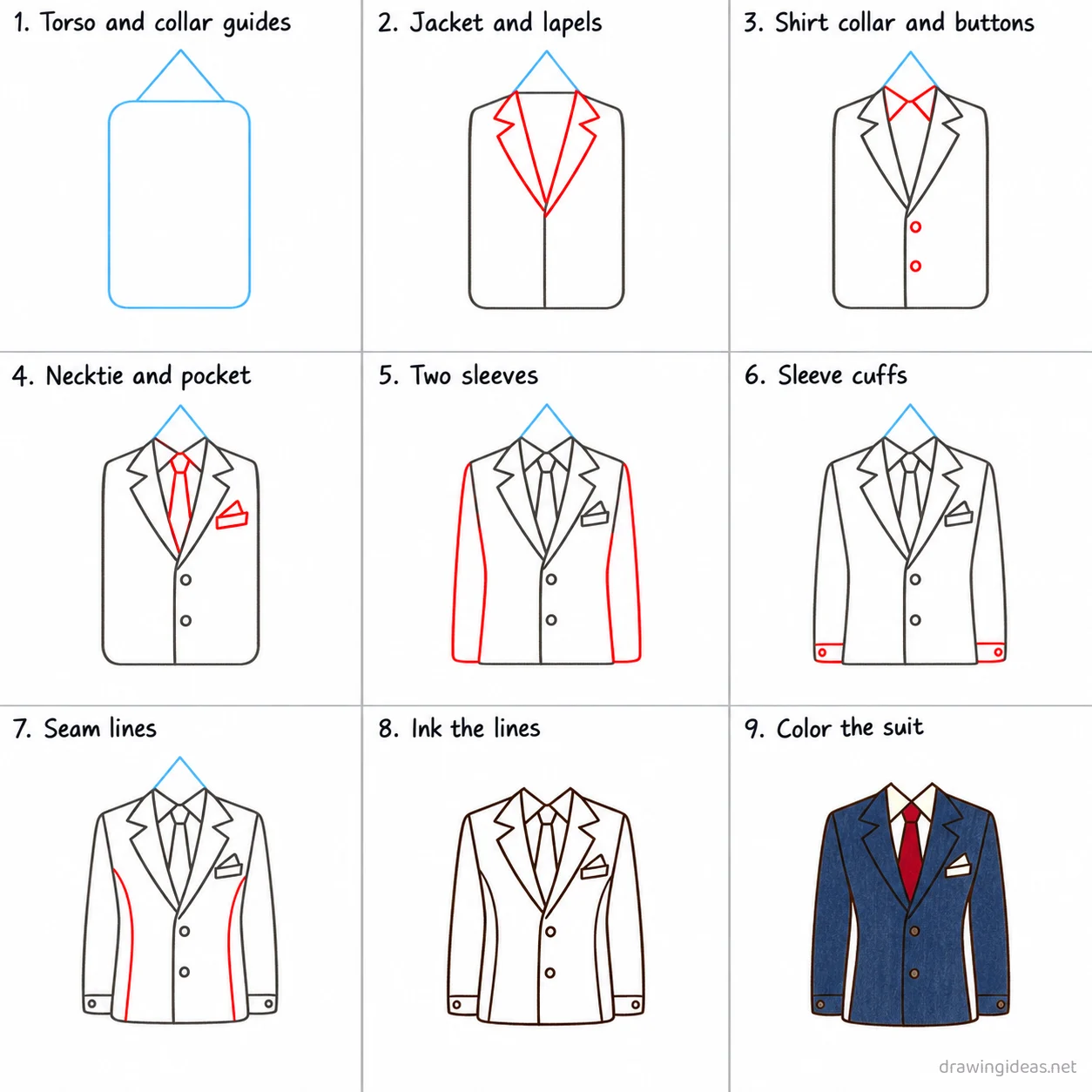 How to draw a suit step by step — 9-step suit drawing tutorial sheet