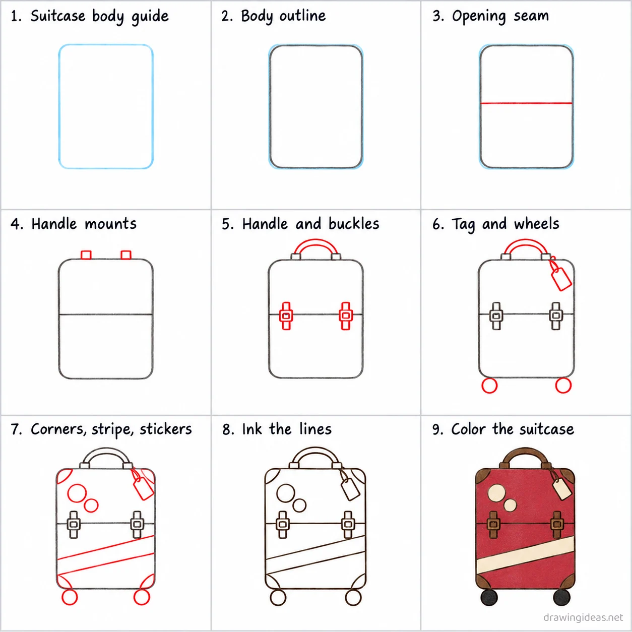 How to draw a suitcase step by step — 9-step suitcase drawing tutorial sheet